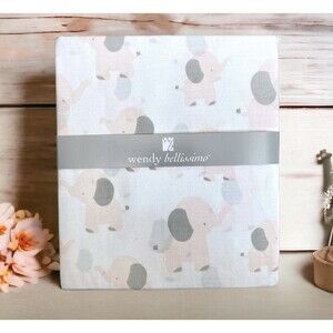 Wendy Bellissimo Fitted Crib Sheet Baby Elephants Cotton Peachy Pink Gray White